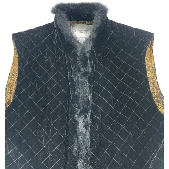 Chico's Black Quilted Velvet Rabbit Fur Trim Vest Womens Sz 1 (M) Brocade Lined - Picture 2 of 8